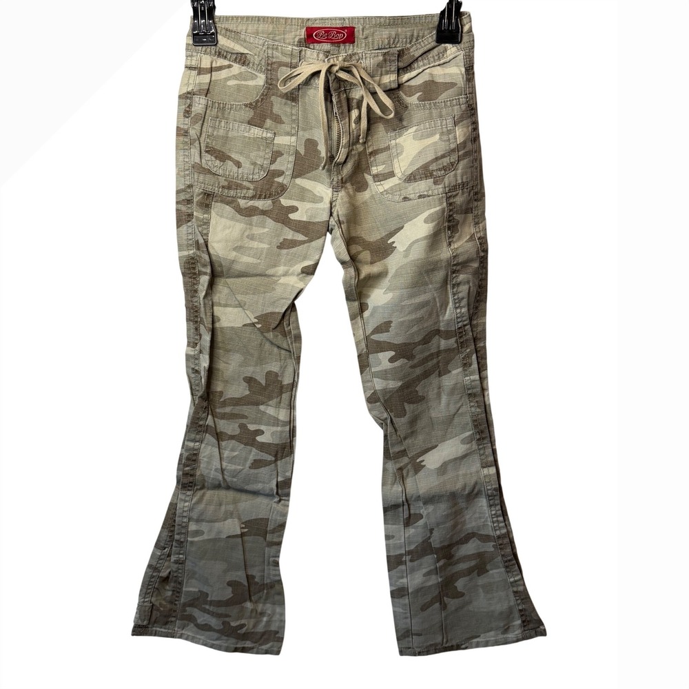 VTG Be Bop‎ Cargo Pants Green Camo Y2K 90s Drawstring Flare Girls SZ 10 Ripstop